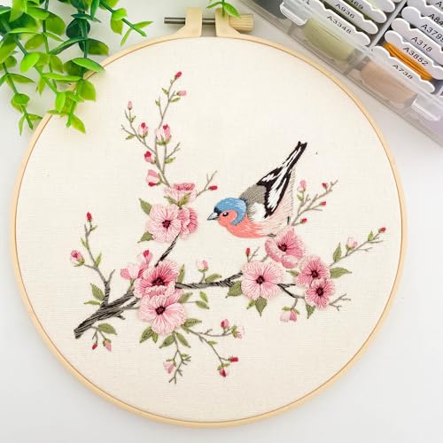 Silentsea Bird & Pink Blossoms Embroidery Kit – All-Inclusive DIY Cross Stitch Set with Pre-Printed Fabric, Threads, Needle, and Hoop for Adults – Perfect for Craft Lovers & Relaxation - color: Bird