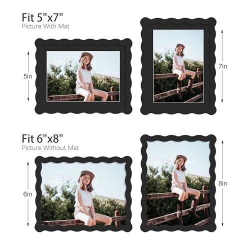 6x8 Picture Frame with Mat for 5x7, Wavy Edge Wooden Real Glass Photo Frame for Tabletop and Wall Hanging, Black, 1 Pack - color: Black, size: 6x8 in