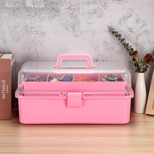 Tackle Box, 16-Inch Extra Large Art Storage Box with 3-Layer Folding Trays - color: Pink
