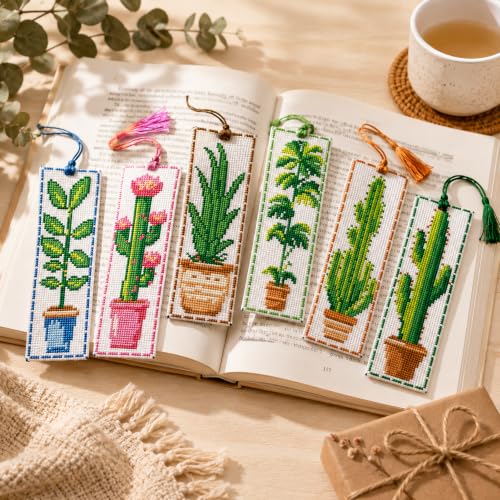 Zhenqing Cactus Stamped Cross Stitch Bookmark Kit, 6 Botanical Plant Designs on 11CT Fabric for Beginners, Book Lover Gift - color: Cactus Botanical Bookmark