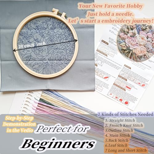 FONNUY Bouquet Flowers Embroidery Kit for Beginners, Pre-Stamped Pattern Kits for Adults with Hoop, Easy to Follow Color Thread Needlework, 8'' Hoop (Heartwarming) - style: Heartwarming