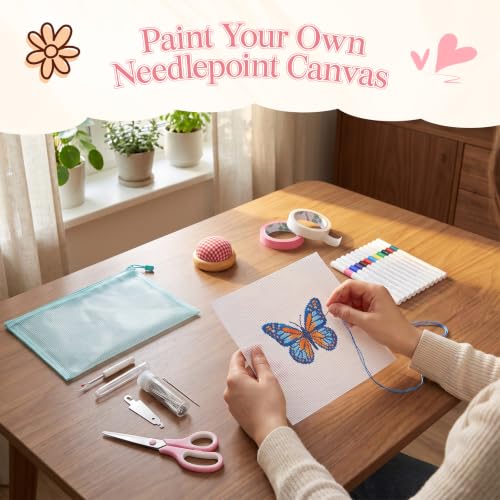 18 Mesh Needlepoint Canvas Kit - 80Pcs Beginner Needlepoint Kits for Adults, Includes 4 Pcs 18" x 12" Needlepoint Canvas,Threads, Markers, Tapes, Needles, Scissor, Protection Covers and Ripper