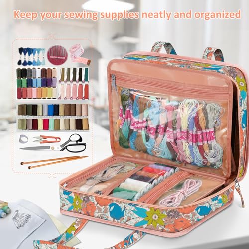 FINPAC Sewing and Craft Supplies Storage Tote Bag with Clear Pockets - color: Vintage Floral
