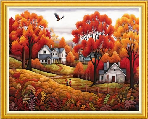 DMCVIVR Stamped Cross Stitch Kits for Beginners Adults Needlepoint Kits for Beginners Embroidery Kits for Adults Crossstitch Kit for Beginners 11CT-Harvest in Late Autumn 16x20 inch - color: ArtKits20