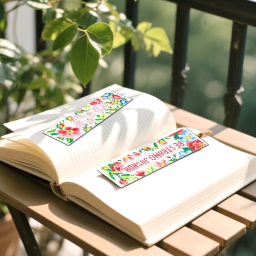 FREEBLOSS 6 Set Cross Stitch Bookmark Kits Flowers Pattern with Inspirational Words Stamped Cross Stitch Kit 11CT Embroidery Kit with Instructions for Beginners 20x6cm/8x2.4inch
