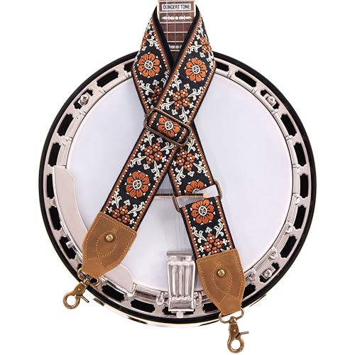 Nefelibata Banjo Strap,2"Wide Double Crazy Horse Leather Jacquard Embroidery Strap Adjustable Replacement,Multi-pattern Strap With Metal Clips - color: A#-embroidery Brown Flower