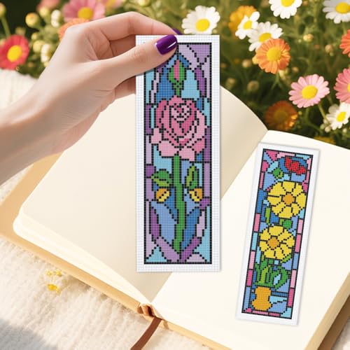 INFUNLY 6PCS/Set Pixel Flowers Cross Stitch Bookmark Kit 2.99x8.54 Retro Floral Window Handmade Cross Stitch Bookmarks DIY Embroidery Bookmarks for Readers with Instruction for Starter Book Lovers - style: Pixel Flowers
