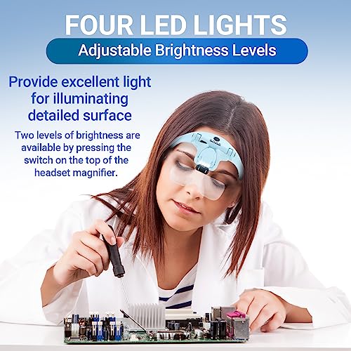 YOCTOSUN Magnifying Glasses with 4 LED Lights, 1X to 3.5X Head Magnifier - color: Light Blue