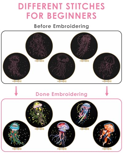 TINDTOP 5 Pack Embroidery Kit for Adult, Embroidery DIY Starter Kit - color: Jellyfish