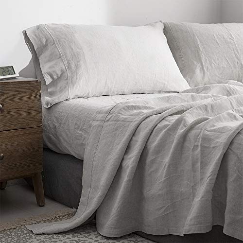 Simple&Opulence 100% French Linen Sheet Set Full Size-Pure Natural Flax Bed Sheet-4 Pcs Breathable Ultra Soft Farmhouse Bedding (1 Flat Sheet,1 Fitted Sheet,2 Pillowcases)-Embroidery Grey - color: Grey, size: Full