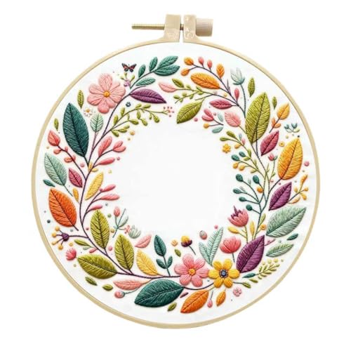 JJFox Embroidery Kit for Beginners and Adults, DIY Hand Embroidery Starter Kit with Cute Pattern, Cross Stitch Needlepoint Set with Hoop, Threads and Instructions (Wreath) - color: Wreath
