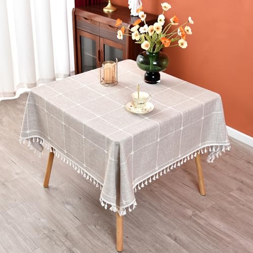 Plaid Farmhouse Tablecloth Checkered Cotton Linen Heavy Weight Table Covers Square 70x70 Inch - color: Coffee, size: 70" x 70" (Square)