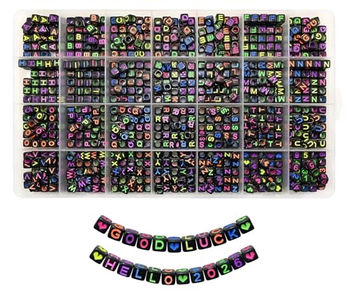 Looconi 840pcs Black Letter Beads Number and Heart Beads 6x6mm Colorful Alphabet Acrylic Beads for Jewelry Making - color: Black&Colourful, size: 6x6mm