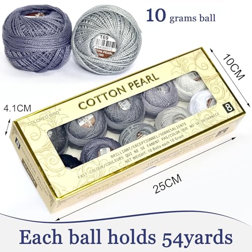 Double Mercerized Egyptian Long Staple Cotton Pearl Thread Ball 10 Grams Rainbow Color Embroidery Thread 10 Colors per Box for Crochet Hardanger Cross Stitch Hand Embroidery,Grey Series - color: grey series