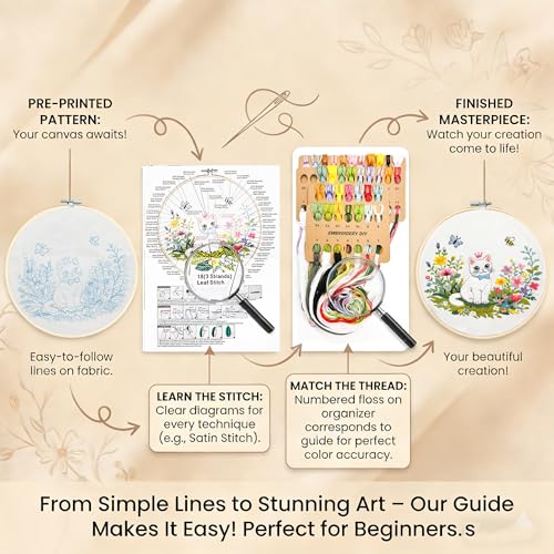Peonfly Cat Embroidery Kit for Beginners, 4 Pack Stamped Embroidery Starter Kit with 4 Hoops, 9 Stitch Types Practice Sampler, Animal Floral Wall Hanging Décor (Value Pack) - style: packaged (Value Pack)