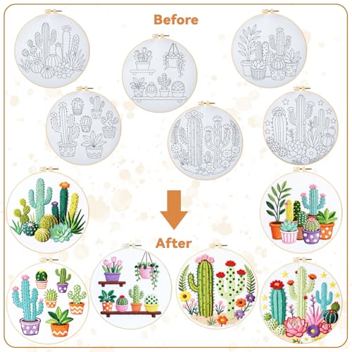 BEUNITONE Cactus Embroidery Kit for Beginners, 6PC Succulent Plant Themed Needlepoint Kits for Adults with Hoops, Threads, Needles, Instructions and Full Kits, DIY Home Decor Craft Gift for Adults - style: Cactus