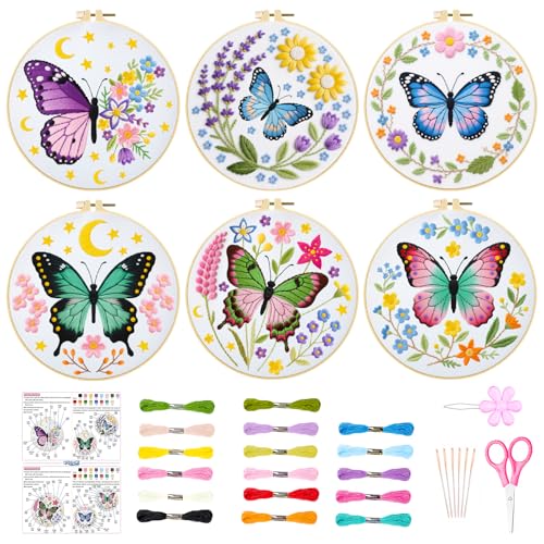 ORIGACH 6 Pack Butterfly & Flower Wreath Embroidery Kits for Beginners - style: Butterfly & Flower