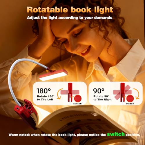 VAVOFO 24 LEDs Rotatable Book Light, Rechargeable Clip Reading Lamp, Red - color: Red