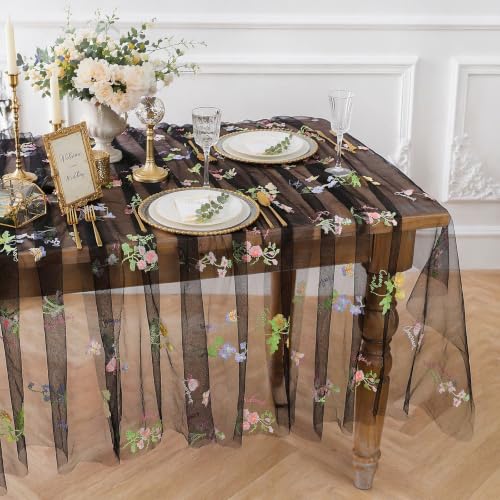 Wedding Floral Tablecloth 60" x 120" Sheer Black Wildflower Tablecloths - color: Black, size: 60"x120", 1 Pc