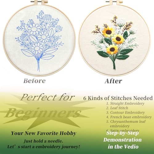 FONNUY Embroidery Kit for Beginners，Plants Flowers Pre-Stamped Pattern Kits for Adults with Hoop, Easy to Follow Needlework (Sunflower) - color: Sunflower