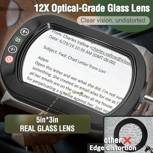 Veemagni 12X Rectangle Magnifying Glass with Light and Stand, Real Glass - color: Black