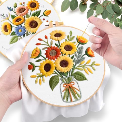 ERKOON Embroidery Kit for Beginners Adult, 2 Set Flower Cross Stitch Set Include Embroidery Cloth Hoops Threads for Craft Lover Hand Stitch with Embroidery Skill Techniques (Sunflower) - color: Sunflower