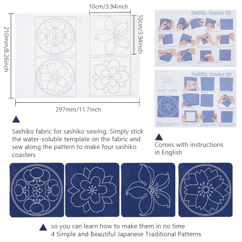 4 PCS Sashiko Coaster Kit Water-Soluble Template Handmade Coaster Japanese Embroidery Practice Project Coasters Kit for Beginners Traditional Japanese Sashiko DIY Kit with Instructions - style: Large Cherry Blossom Sashiko Coaster