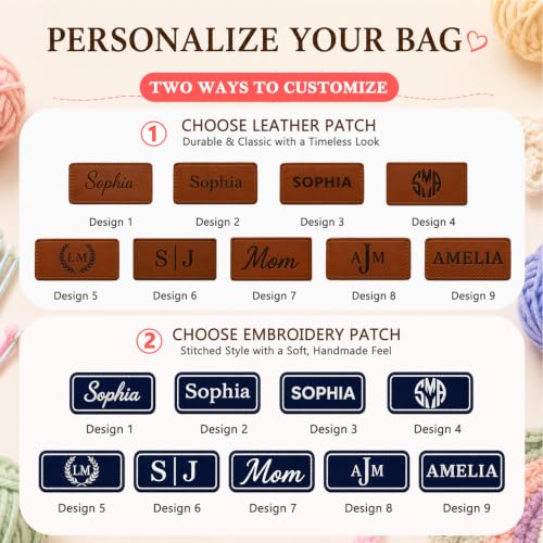 Personalized Crochet Bag with Custom Leather Patch or Embroidered Name, Canvas Knitting Tote for Yarn Storage, Crochet Organizer with Multiple Pockets, Custom Gift for Crocheters & Knitters - color: Nature-Navy, size: Make it Personal