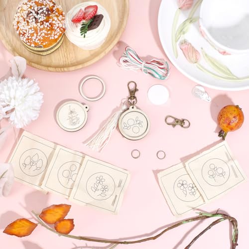 FREEBLOSS 5 Set Embroidery Keychain Kit with Mini Embroidery Hoops Stamped Mini Needlepoint Kit Cross Stitch Kits with Instruction for Beginners DIY Jewelry Pendant
