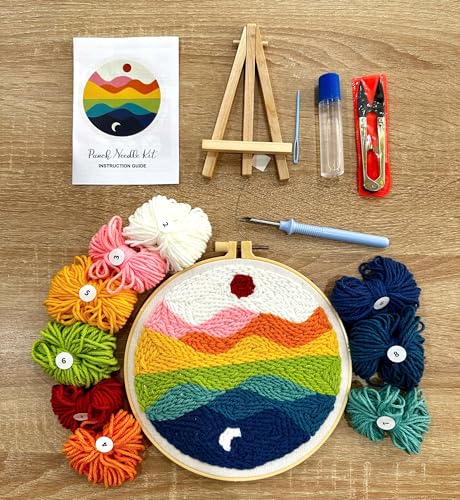 CELCRAFTIQUE Punch Needle Kits for Adults Beginner, Tool with Punch Needle Fabric, Hoops, Yarns and Sewing Needles (Style 2) - color: Rainbow Horizon