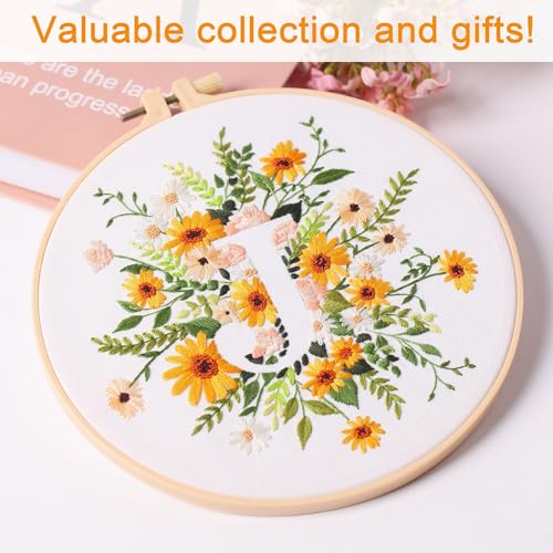 Harimau Letter J Pattern Embroidery Kit for Adult Beginners, Complete Starter Pack with 1 Hoop, Needles, Instruction Guide & Embroidery Stitch Video Tutorials - color: J