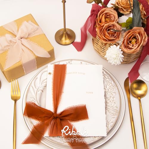 Ribbli Chiffon Silk Ribbon, 1.5 inch x 30 Yard, Champagne/Terracotta/Rust Red Fringe Chiffon Fall Ribbon for Wedding Invitations, Bridal Bouquets Wrapping, Flower Arrangement Decoration - color: Champagne/Terracotta/Rust Red