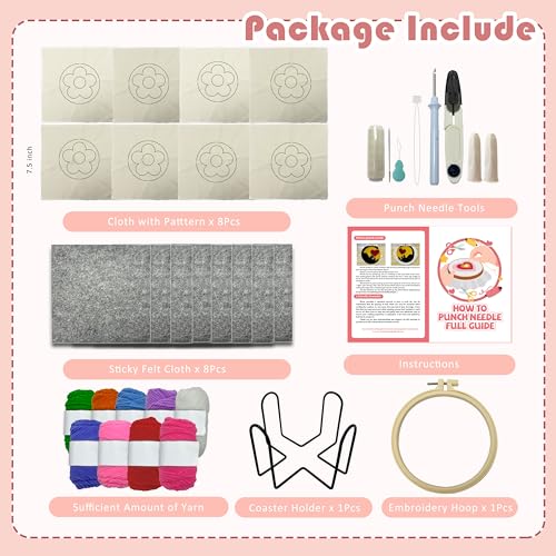 SEREDH Punch Needle Kit for Beginners Adults Easy Needle Punch Embroidery Set Including Threader Instruction Fabric Hoop Yarn Coaster DIY Making Kit Supplies,Set of 8 Flower Art Crafts Gifts - color: Flower