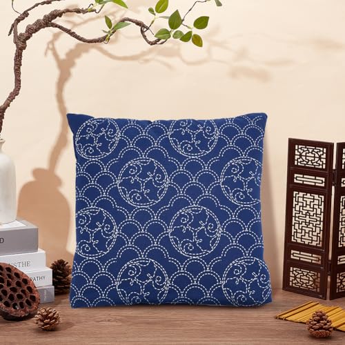 WEBEEDY DIY Sashiko Pattern Pillowcase Set Sashiko Pillow Cover Template Kit，Japanese Embroidery Kit with Instruction for Beginners Home Sofa Pillow Cover Needlework Gift,40x40cm/15.7x15.7