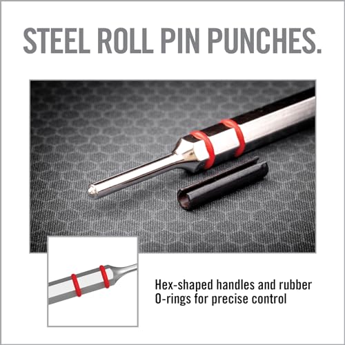 Real Avid Roll Pin Punch Set & Hammer + Non-Slip Magnetic Bench Block | 10 Nickel-Plated Steel Roll Pin Punches, 4 Interchangeable Hammer Heads - Brass, Steel, Ruber, Nylon & Non-Marring Bench Block