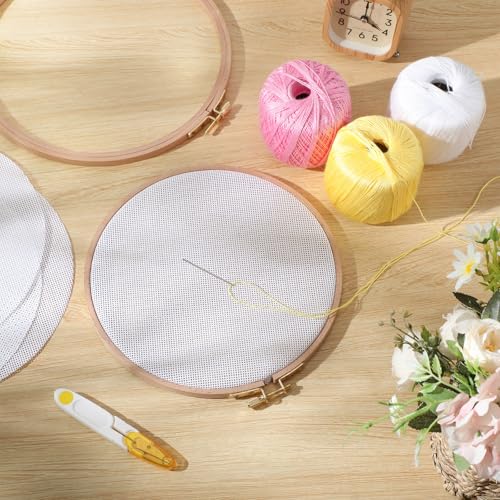 Knitgrip 4 Pack 9 Inches Needlepoint Canvas 13 Mesh Round Blank White Canvas Pure Cotton Needlepoint Mesh Twist Interlock for Embroidery DIY Knit Crochet Projects