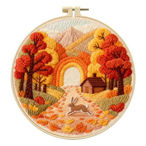 Zhenqing Autumn Forest Rabbit Embroidery Kit for Beginners, Fall Animal Craft Set with 20cm Hoop, Printed Design on 29x29cm Cotton Fabric, DIY Cozy Wall Art (C0162) - color: Autumn Forest Rabbit