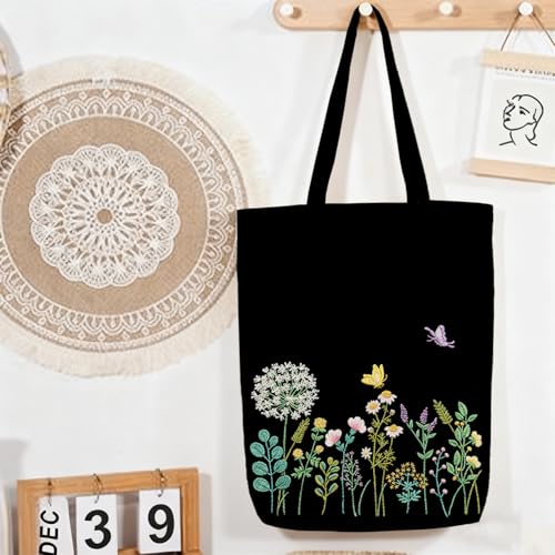 CREAWONDER Canvas Tote Bag Embroidery Kit with Pattern for Beginners, Arts and DIY Embroidery Crafts Kits for Adults, Include Instructions, Embroidery Hoops, Color Threads and Tool - color: CR002 banmeng black