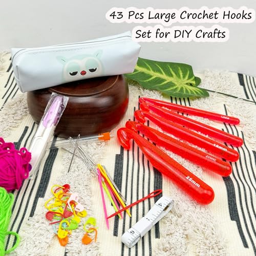 Hobekoee 43 Pcs Large Crochet Hooks Set,12mm 15mm 18mm 20mm 25mm Large Crochet Hooks for Chunky Yarn,Plastic Crystal Smooth Big Crochet Needles for Handmade DIY Crochet with Storage Bag - color: Red