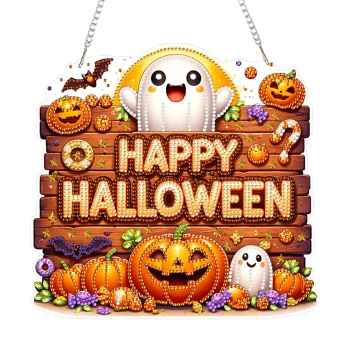 Eiflow Acrylic Diamond Art Hanging Kit for Adults, DIY Diamonds Painting Door Hanger Board Kit, Special Crystal Diamond Art Painting Pendant Ornament (Halloween Sign) - color: Halloween Sign