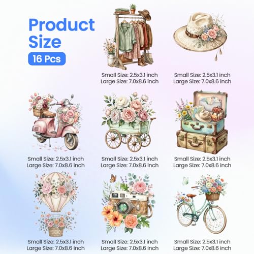 ANATTASOUL Vintage Floral & Suitcase 16PCS Heat Transfers Ready to Press - style: Vintage Floral and Suitcase