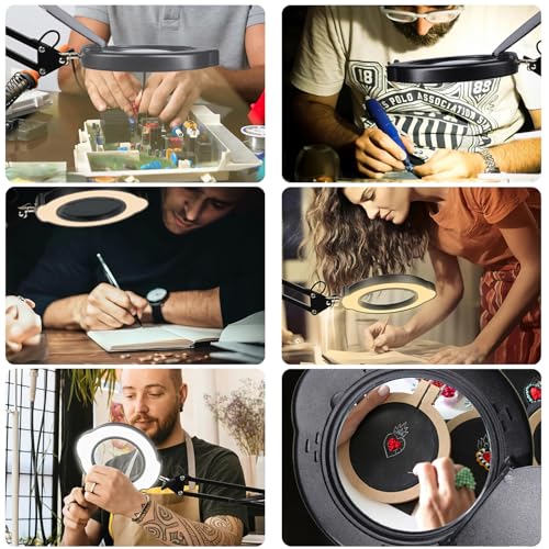 15X Magnifying Glass with Light, Real Glass Lens, 84 LEDs, 5 Color Modes, 10 Brightness Dimmable, Adjustable Swing Arm with Clamp, Hands-Free Magnifier for Reading, Crafts, Repair, Sewing, Close Work