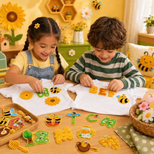 Cinrobiye 38 Pcs Bee Patches Self Adhesive Honey Bee Honeycomb Sunflower A to Z Alphabet Applique Preppy Cute Bee Themed Chenille Letter Patches Stick on for Clothing Hats Bags Fabric DIY Crafts - style: Bee