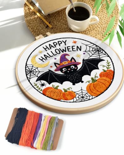 TINDTOP Halloween Embroidery Kit for Adult, Embroidery DIY Starter Kit, with Stamped Patterns, Hoop, Tools, Colorful Threads with Needles, Instructions (Halloween D) - color: Halloween D