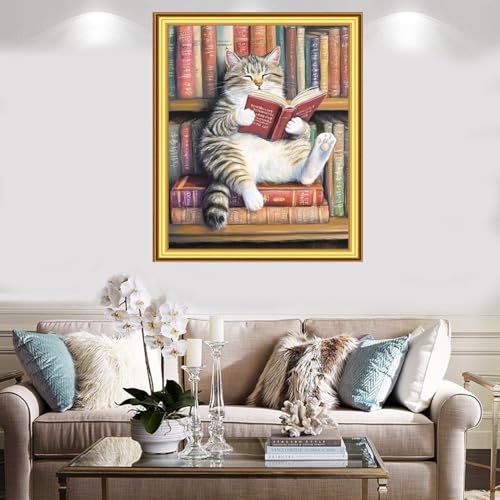 Foxnyart Stamped Cross Stitch Kits Full Range of Embroidery Needlework Starter Kits for Beginners Adults 11CT Embroidery Patterns Art Crafts DIY Needlepoint Kit-Bookshelf cat Reading 16x20 inchs - color: DIYcolor10