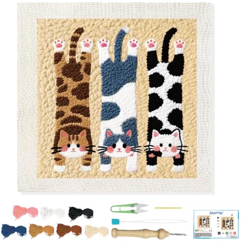 BEUNITONE Lie Flat Cat Punch Needle Kit for Adults Beginners, Complete DIY Craft Needlepoint Kits with Hoop, Punch Needle Starter Craft Embroidery Set for Festival Gift and Cloth Home Decor 9.4X9.4" - color: 04-Sleeping Cat