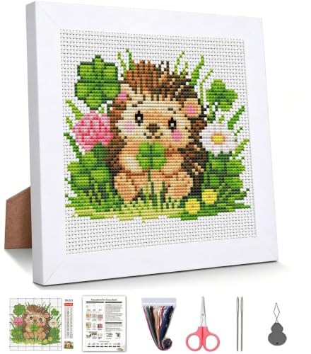 Hedgehog Clover Stamped Cross Stitch Kits for Beginners Adults with Framed - color: DKJ031
