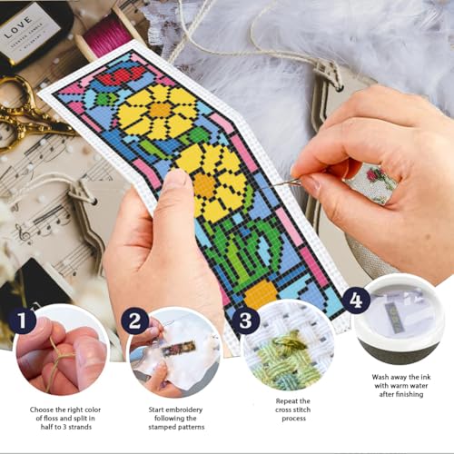INFUNLY 6PCS/Set Pixel Flowers Cross Stitch Bookmark Kit 2.99x8.54 Retro Floral Window Handmade Cross Stitch Bookmarks DIY Embroidery Bookmarks for Readers with Instruction for Starter Book Lovers - style: Pixel Flowers