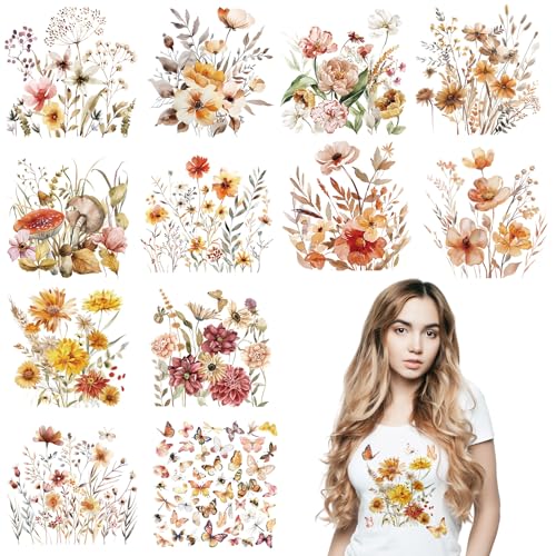 Fainne 12 Sheets Boho Iron on Transfers for T-Shirts, Flower Dtf Ready to Press Heat Transfers Vinyl Decals Appliques for Clothing Pillow Bag DIY Crafts - style: Boho