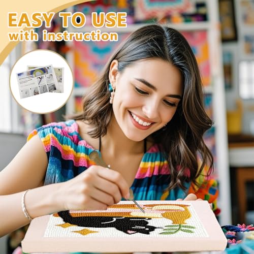 Doodlream Cat on Books Needle Kit for Beginner, 9.4"x 9.4" Coffee and Plant Punch Stitching Craft Set, Color DIY Embroidery Starter with Printed Frame, Instruction, Threader, Yarn, Pinch Needle - color: Cat